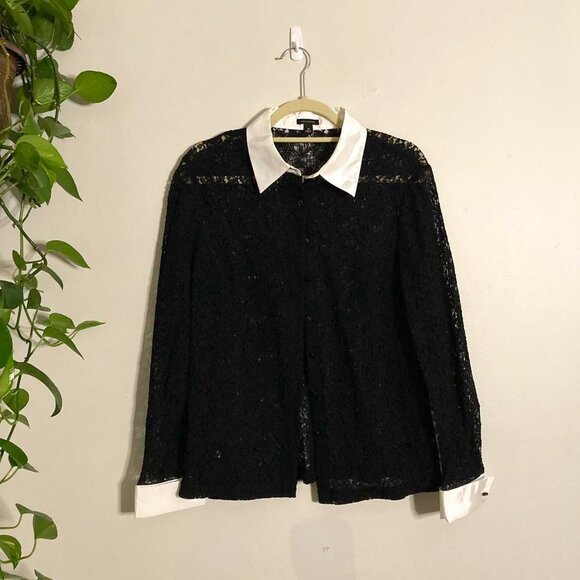 Ann Taylor Black Lace Button Up Long Sleeve Shirt Blouse White Collar Women's 10 - Picture 1 of 8